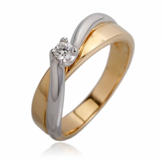 Solitaire ring - gold 18k two tone - round brilliant cut diamond