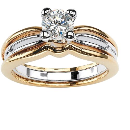 Solitaire ring - gold 18k two tone yellow and white - round brilliant cut diamond